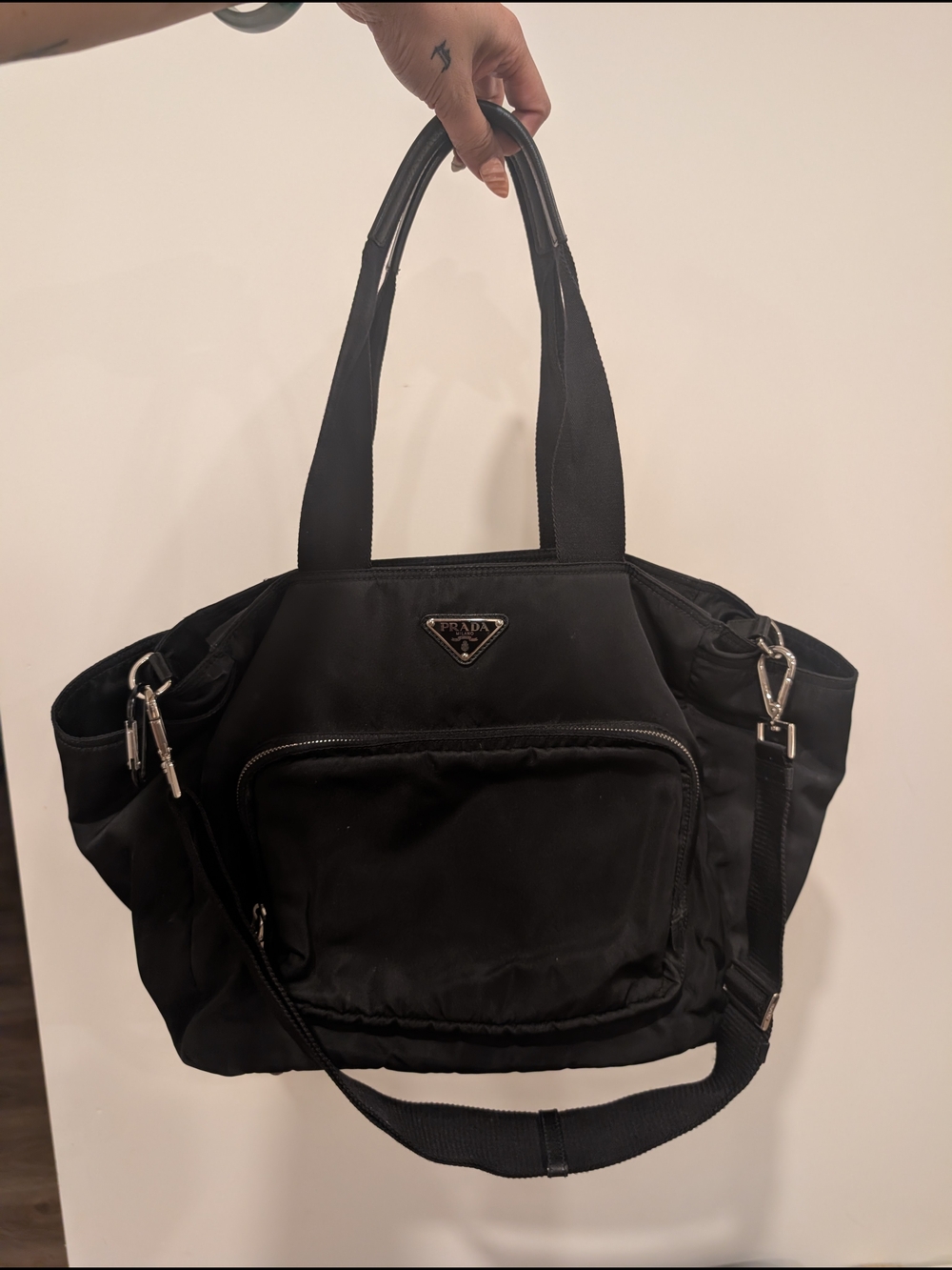 Prada Black Nylon Tote with Front Zip Pocket